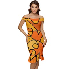 Mazipoodles In The Frame - Orange Off Shoulder Ruffle Split Hem Bodycon Dress by Mazipoodles