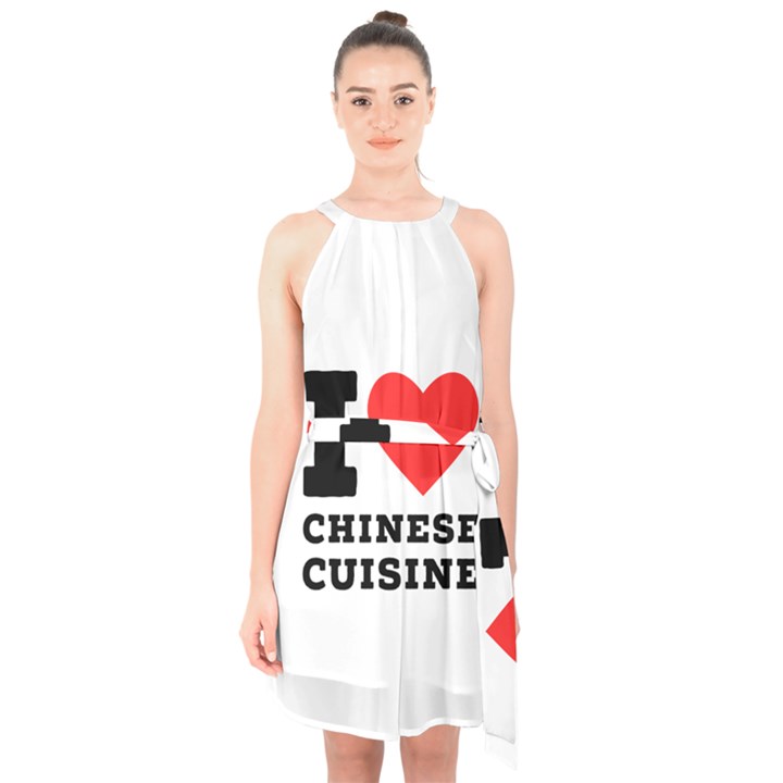 I love Chinese cuisine Halter Collar Waist Tie Chiffon Dress