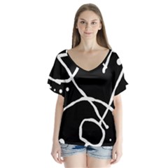 Mazipoodles In The Frame - Black White V-neck Flutter Sleeve Top by Mazipoodles