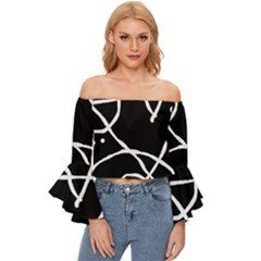 Mazipoodles In The Frame - Black White Off Shoulder Flutter Bell Sleeve Top by Mazipoodles