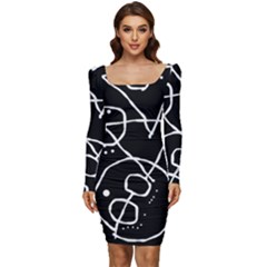 Mazipoodles In The Frame - Black White Women Long Sleeve Ruched Stretch Jersey Dress by Mazipoodles