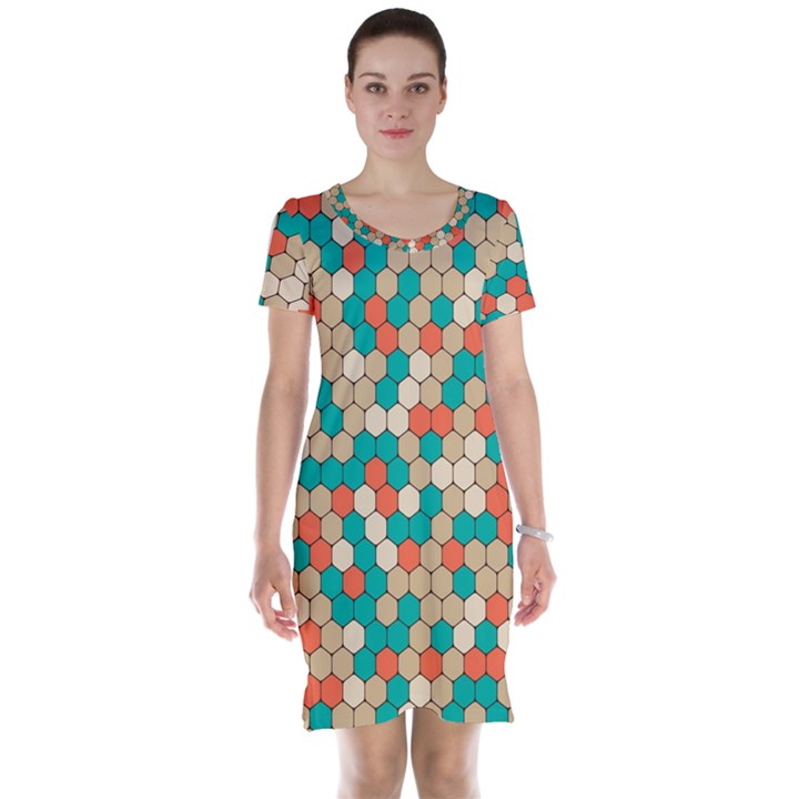 Multicolored Honeycomb Colorful Abstract Geometry Short Sleeve Nightdress