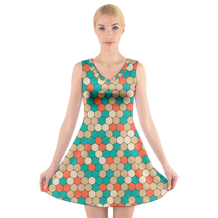 Multicolored Honeycomb Colorful Abstract Geometry V-Neck Sleeveless Dress