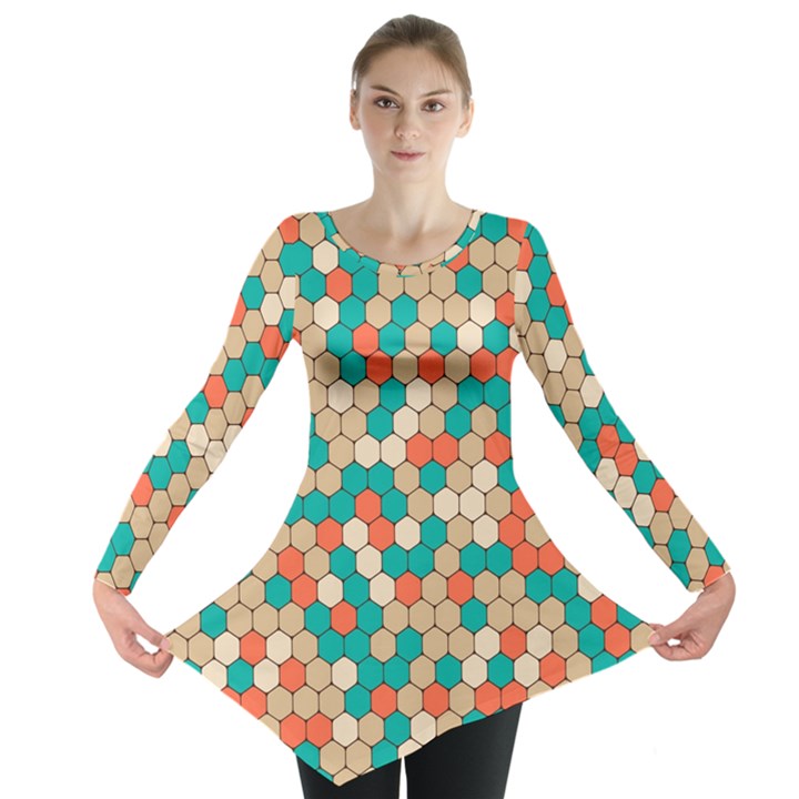 Multicolored Honeycomb Colorful Abstract Geometry Long Sleeve Tunic 