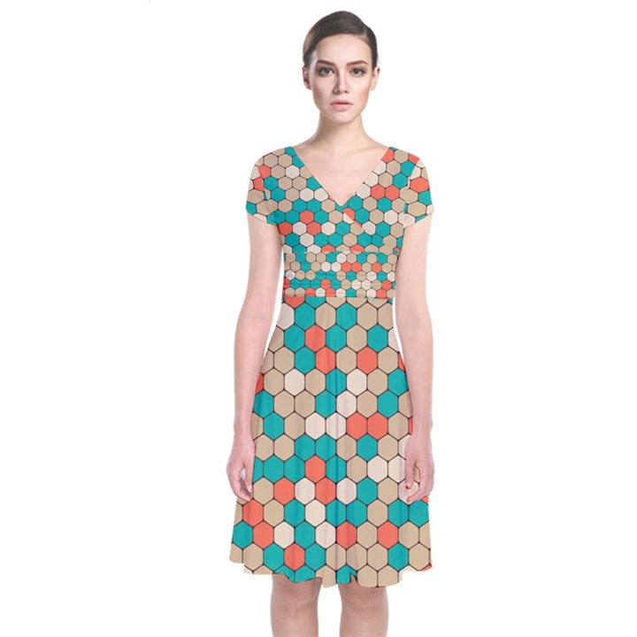 Multicolored Honeycomb Colorful Abstract Geometry Short Sleeve Front Wrap Dress