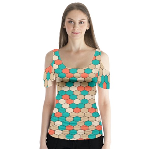 Multicolored Honeycomb Colorful Abstract Geometry Butterfly Sleeve Cutout Tee  by Vaneshop