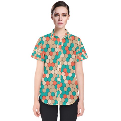 Multicolored Honeycomb Colorful Abstract Geometry Women s Short Sleeve Shirt by Vaneshop