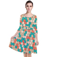 Multicolored Honeycomb Colorful Abstract Geometry Quarter Sleeve Waist Band Dress by Vaneshop