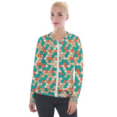 Multicolored Honeycomb Colorful Abstract Geometry Velvet Zip Up Jacket by Vaneshop