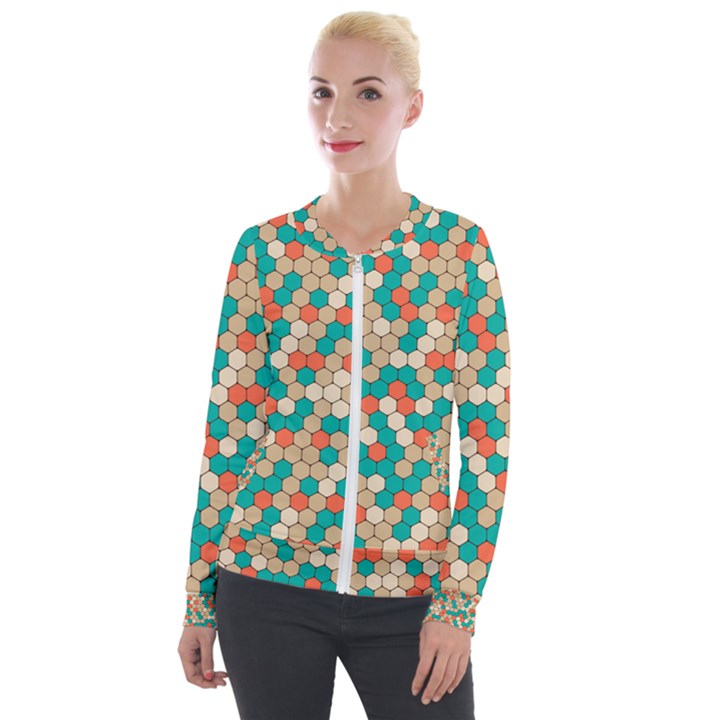 Multicolored Honeycomb Colorful Abstract Geometry Velvet Zip Up Jacket