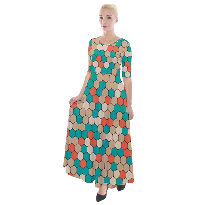 Multicolored Honeycomb Colorful Abstract Geometry Half Sleeves Maxi Dress