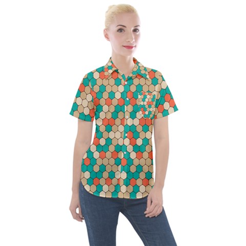 Multicolored Honeycomb Colorful Abstract Geometry Women s Short Sleeve Pocket Shirt by Vaneshop