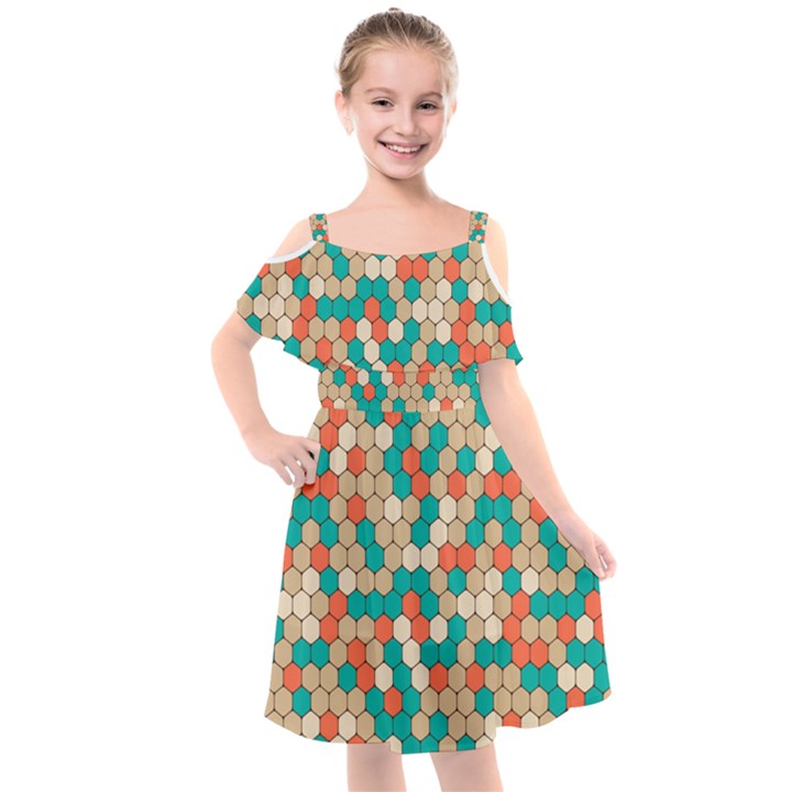 Multicolored Honeycomb Colorful Abstract Geometry Kids  Cut Out Shoulders Chiffon Dress