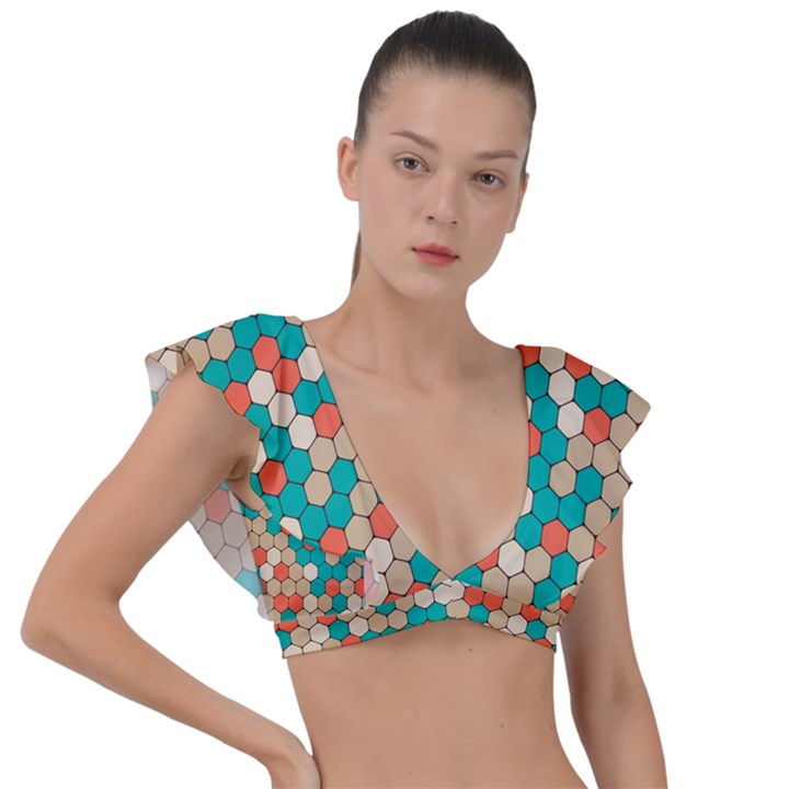 Multicolored Honeycomb Colorful Abstract Geometry Plunge Frill Sleeve Bikini Top