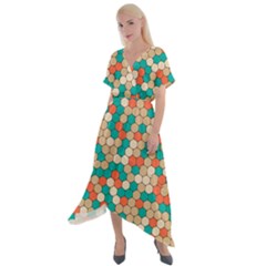 Multicolored Honeycomb Colorful Abstract Geometry Cross Front Sharkbite Hem Maxi Dress