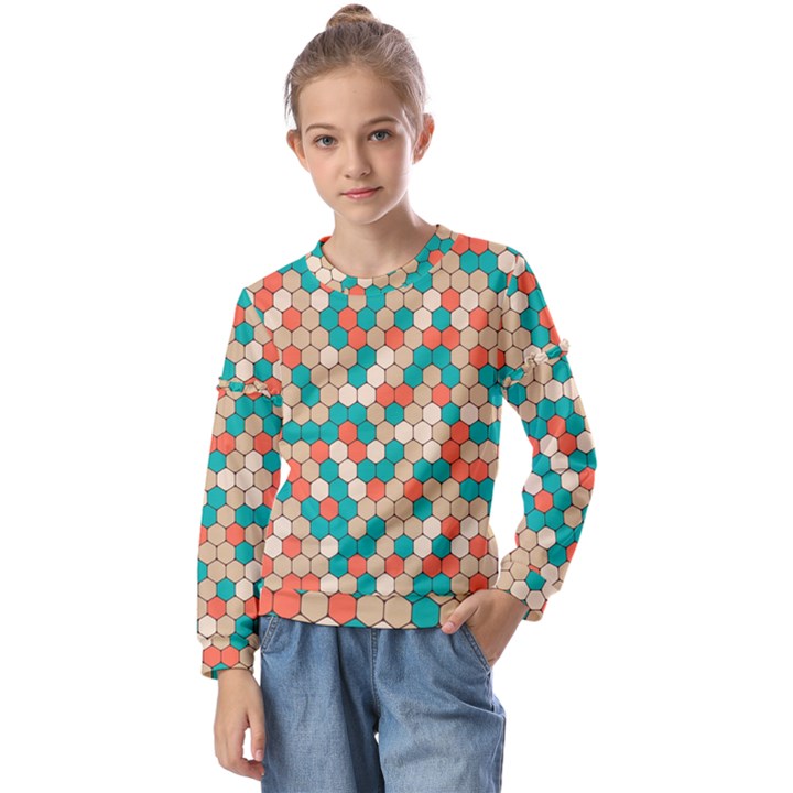 Multicolored Honeycomb Colorful Abstract Geometry Kids  Long Sleeve Tee with Frill 