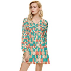 Multicolored Honeycomb Colorful Abstract Geometry Tiered Long Sleeve Mini Dress by Vaneshop