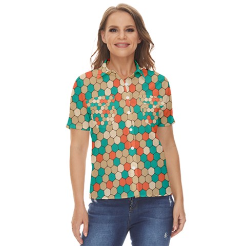 Multicolored Honeycomb Colorful Abstract Geometry Women s Short Sleeve Double Pocket Shirt by Vaneshop