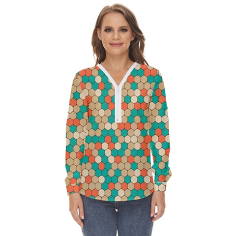 Multicolored Honeycomb Colorful Abstract Geometry Zip Up Long Sleeve Blouse by Vaneshop