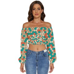 Multicolored Honeycomb Colorful Abstract Geometry Long Sleeve Crinkled Weave Crop Top by Vaneshop