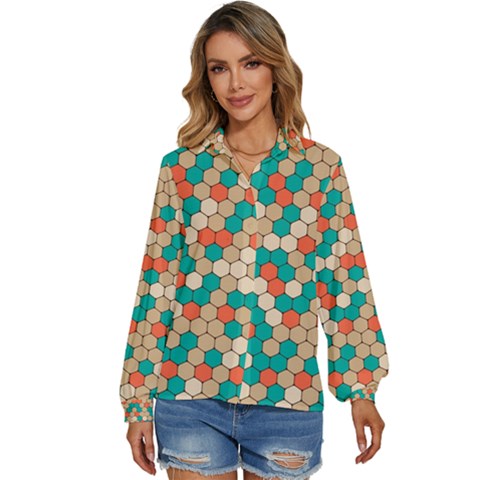 Multicolored Honeycomb Colorful Abstract Geometry Women s Long Sleeve Button Up Shirt by Vaneshop