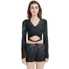 Abstract Dark Shine Structure Fractal Golden Velvet Wrap Crop Top And Shorts Set by Vaneshop