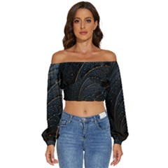 Abstract Dark Shine Structure Fractal Golden Long Sleeve Crinkled Weave Crop Top by Vaneshop