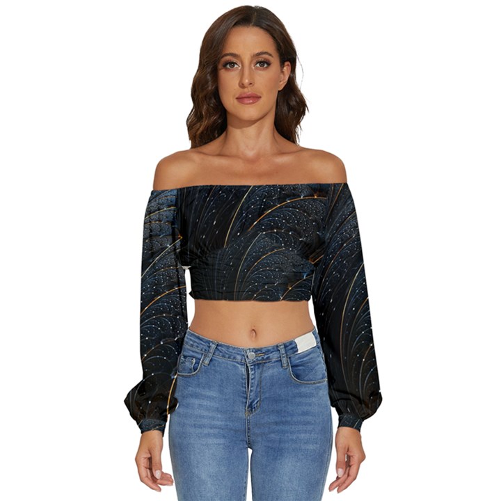 Abstract Dark Shine Structure Fractal Golden Long Sleeve Crinkled Weave Crop Top