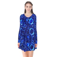 Blue Bubbles Abstract Long Sleeve V-neck Flare Dress