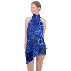 Blue Bubbles Abstract Halter Asymmetric Satin Top by Vaneshop