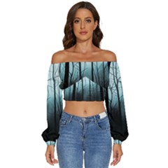 Tree Night Dark Forest Long Sleeve Crinkled Weave Crop Top by Vaneshop