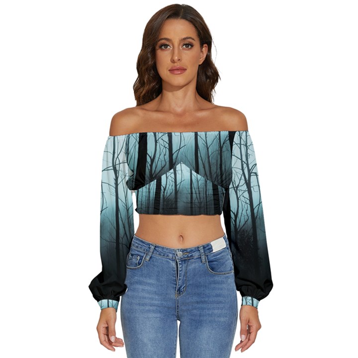 Tree Night Dark Forest Long Sleeve Crinkled Weave Crop Top