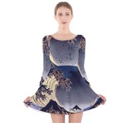 The Great Wave Off Kanagawa Japanese Waves Long Sleeve Velvet Skater Dress by Vaneshop