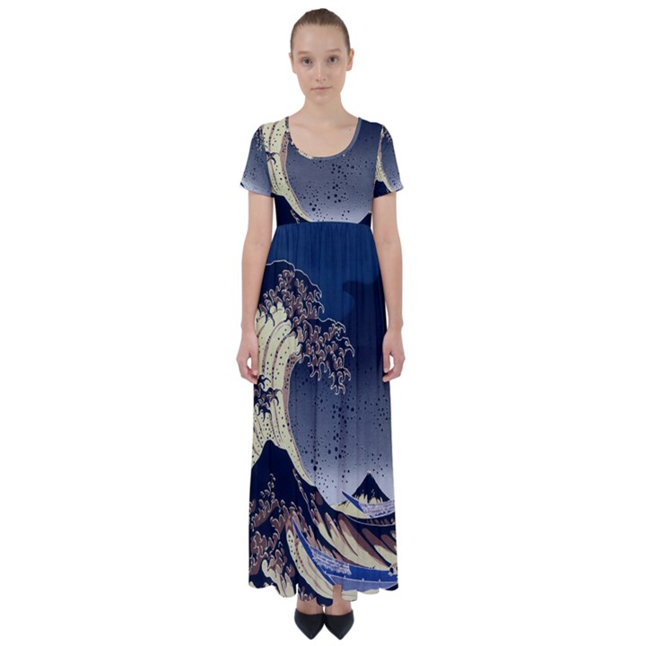 The Great Wave Off Kanagawa Japanese Waves High Waist Short Sleeve Maxi Dress