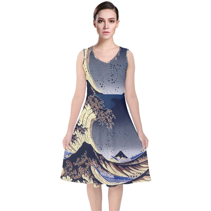 The Great Wave Off Kanagawa Japanese Waves V-Neck Midi Sleeveless Dress 