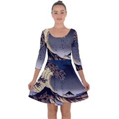 The Great Wave Off Kanagawa Japanese Waves Quarter Sleeve Skater Dress by Vaneshop