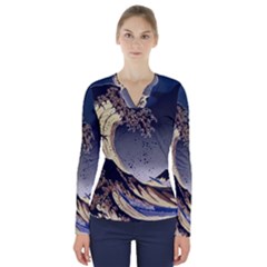 The Great Wave Off Kanagawa Japanese Waves V-neck Long Sleeve Top by Vaneshop