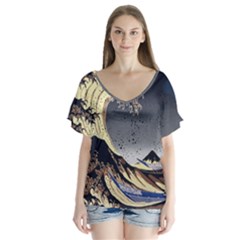 The Great Wave Off Kanagawa Japanese Waves V-neck Flutter Sleeve Top by Vaneshop