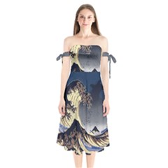 The Great Wave Off Kanagawa Japanese Waves Shoulder Tie Bardot Midi Dress by Vaneshop