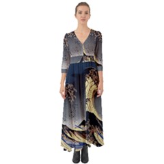 The Great Wave Off Kanagawa Japanese Waves Button Up Boho Maxi Dress by Vaneshop