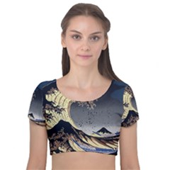 The Great Wave Off Kanagawa Japanese Waves Velvet Short Sleeve Crop Top  by Vaneshop