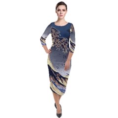 The Great Wave Off Kanagawa Japanese Waves Quarter Sleeve Midi Velour Bodycon Dress by Vaneshop