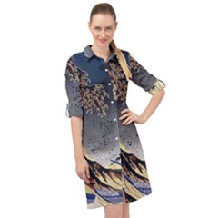 The Great Wave Off Kanagawa Japanese Waves Long Sleeve Mini Shirt Dress by Vaneshop