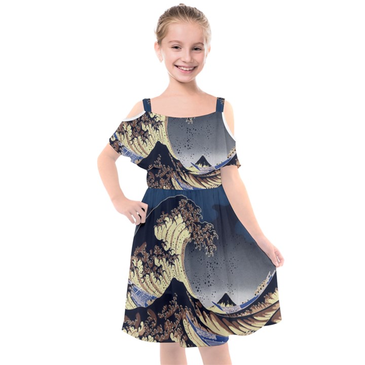 The Great Wave Off Kanagawa Japanese Waves Kids  Cut Out Shoulders Chiffon Dress