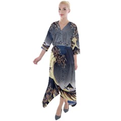 The Great Wave Off Kanagawa Japanese Waves Quarter Sleeve Wrap Front Maxi Dress by Vaneshop