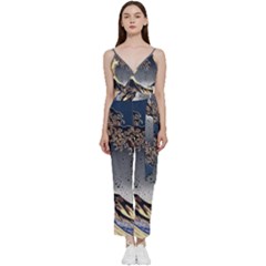 The Great Wave Off Kanagawa Japanese Waves V-neck Spaghetti Strap Tie Front Jumpsuit by Vaneshop