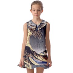 The Great Wave Off Kanagawa Japanese Waves Kids  Pilgrim Collar Ruffle Hem Dress by Vaneshop