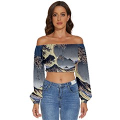 The Great Wave Off Kanagawa Japanese Waves Long Sleeve Crinkled Weave Crop Top by Vaneshop