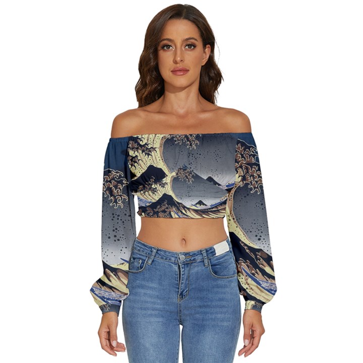 The Great Wave Off Kanagawa Japanese Waves Long Sleeve Crinkled Weave Crop Top