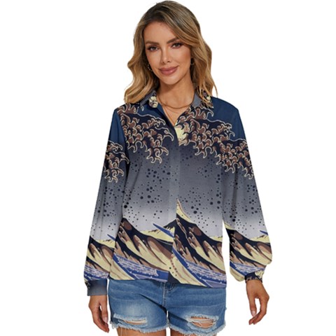 The Great Wave Off Kanagawa Japanese Waves Women s Long Sleeve Button Up Shirt by Vaneshop